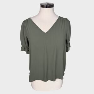 LOFT Petites XSP Green 100% Polyester V Neck Ruffle Short Sleeve Top
